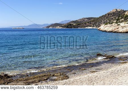 Beautiful Panoramic View Of The Mountains And Sea In The Distance On A Sunny Summer Day (salamina Is