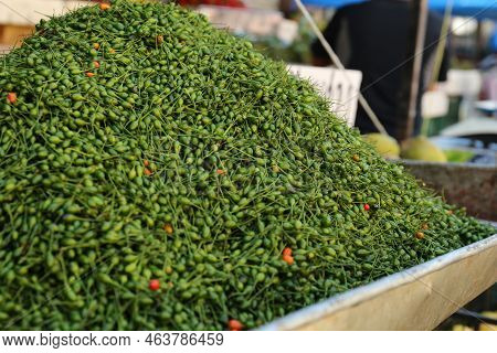 Heap Of Fresh Delicious Chiltepin On Counter At Market