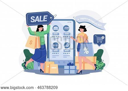 The Women Shopping During Selloff Illustration Concept On White Background