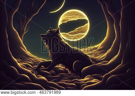 3d Illustration Of Black Werewolf With Moon And Forest