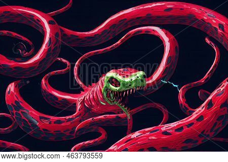 A Creepy Black Mutant Snake With Six Red Eyes, A Slobbery, Disgusting Mouth With A Hundred Sharp Cur