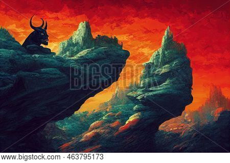 Digital Illustration Painting Design Style A Devil Sitting On Big Rock, Against Dark Cave.