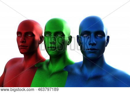 Three Bald Men In Blue Green And Red On A White Background. 3d Illustration.