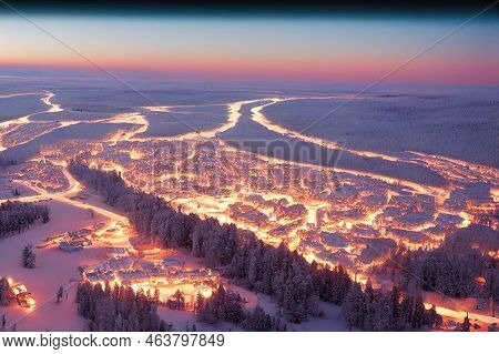 Aerial Santa Claus Holiday Village In Rovaniemi, Lapland During