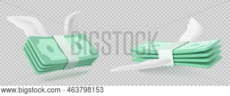 Flying Stack Of Money With White Wings, 3d Vector Illustration Png On Transparent Background. Concep