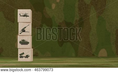 Military Equipment Wooden Block Icons On With Camouflage Background. Comparison Of Number Of Differe