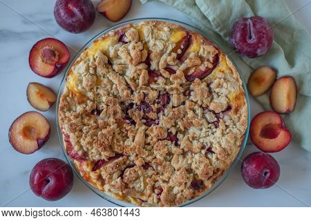 Sweet German Plum Cake (zwetschgenkuchen) With Crumbles