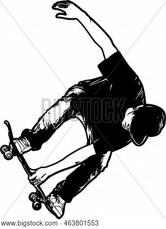 Man Doing Stunt On Skateboard Vector Illustration Silhouette, Sketch Drawing Of Young Boy On Skatebo