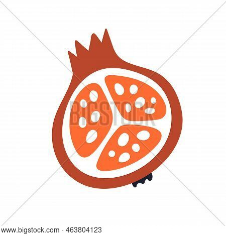 Pomegranate Half, Cross-section. Cut Piece Of Granate Fruit With Seeds And Wedge. Exotic Tropical Vi