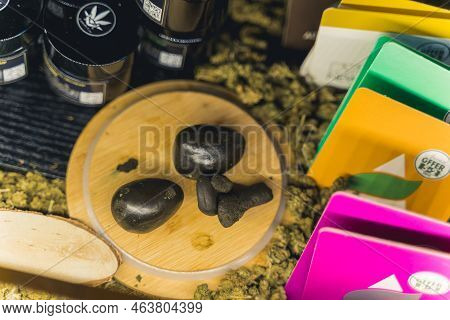 05.28.2022 Warsaw, Poland Cbd Hashish On A Wooden Tray. High Quality Photo