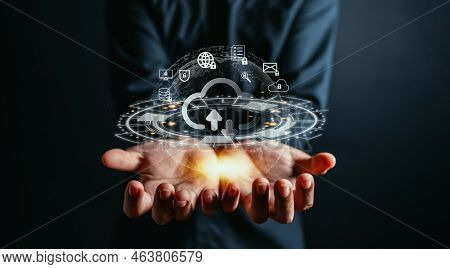 Cloud Upload And Download On System Network. Businessman Hold Virtual Cloud Computing To Lock And Sa