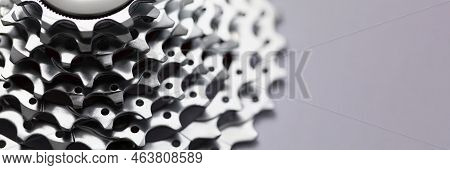 Close-up Of Bicycle Roller Chain That Transfer Power From Pedals To Drive, Shiny Silver Detail. Rear