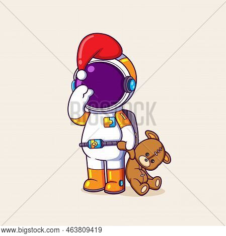 The Sleepy Astronaut Is Wearing The Santa Hat And Holding The Favorite Teddy Bear Of Illustration