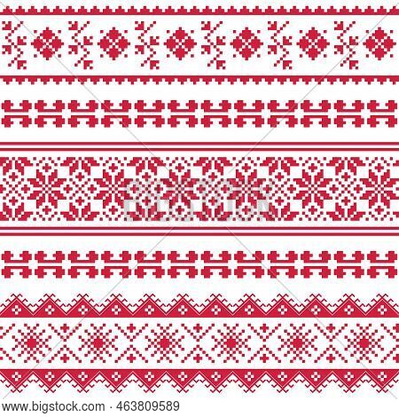 Ukrainian Traditional Folk Art Vyshyvanka Seamlesspattern In Red On White Background, Embroidery Sty