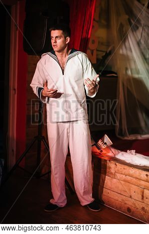 Theater Actor Artists Player Thespian Perform Play For Audience On Playhouse Public Stage. Theatre S