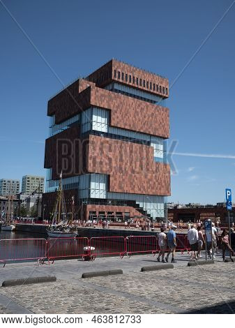 Antwerp, Belgium, July 24, 2022, Many Tourists Walk At The Mas Museum And The Bonaprte Dock In Antwe