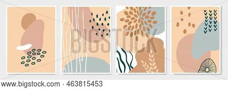 Abstrast Shape And Floral, Modern Wall Art Poster Set. Hand Drawn Lines And Organic Shape Graphic Pr