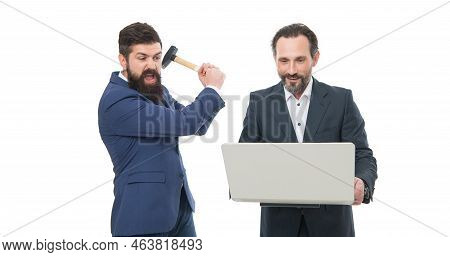 Stop Stress. Managers Hit Laptop With Hammer. Stress Management. Stressful Work. Stress Relief. Enjo