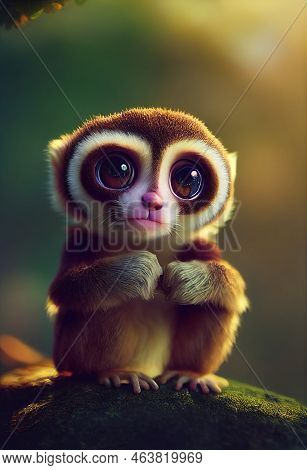 Portrait Of A Cute Baby Slow Lori. Digital Art 3d Illustration In The Style Of Animation
