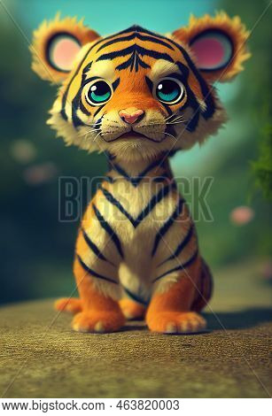 Portrait Of A Cute Baby Tiger. Digital Art 3d Illustration In The Style Of Animation