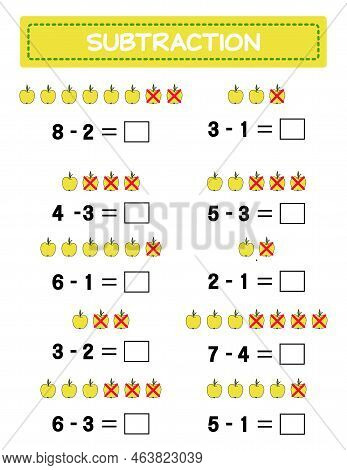 Subtraction.  Math Worksheet For Kids. Developing Numeracy Skills. Solve Examples And Write. Mathema