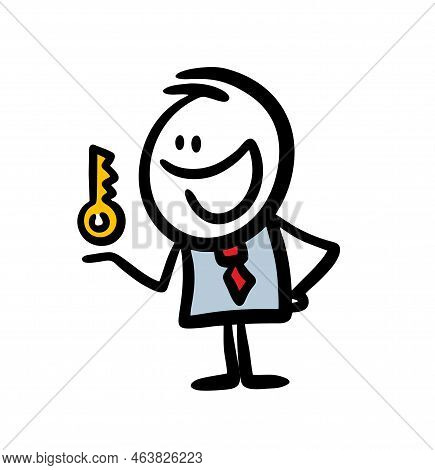 Happy Cartoon Office Man In Costume And Tie With The Golden Key Of Car Or Building In Hand.