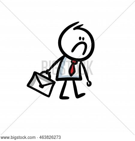 Sad Office Manager Going To The Work With The Bag And Unhappy Face.