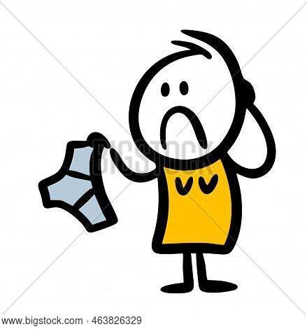 Doodle Cartoon Woman Holding Mans Underwear With Unhappy Face.