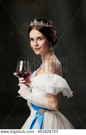 Sophistication And Modernity. Beautiful Elegant Woman In Image Of Princess Or Viscountess With Glass