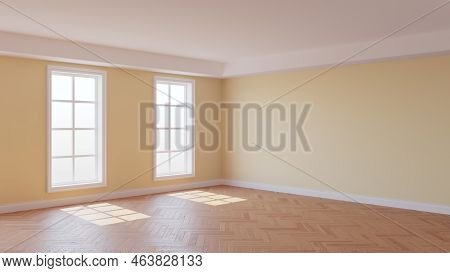 Mockup Interior With Beige Walls, White Ceiling And Cornice, Glossy Herringbone Parquet Floor, Two L