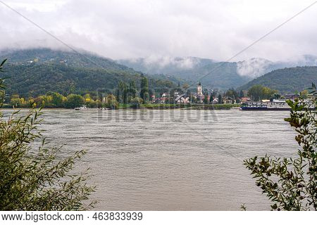 Town Of Visegrad And Ferry Terminal . View From Nagymaros, Danube Bend. The Danube River.