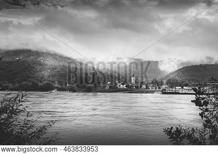 Town Of Visegrad And Ferry Terminal . View From Nagymaros, Danube Bend. The Danube River.