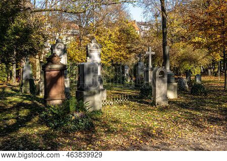 Munich, Germany - Nov 01, 2021: View Of Famous Old North Cemetery Of Munich, Germany With Historic G