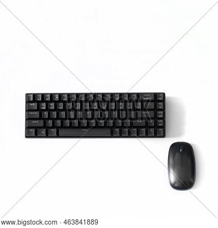 Compact Black Gaming Computer Keyboard And Mouse On A White Background. Keyboard With Mechanical Swi