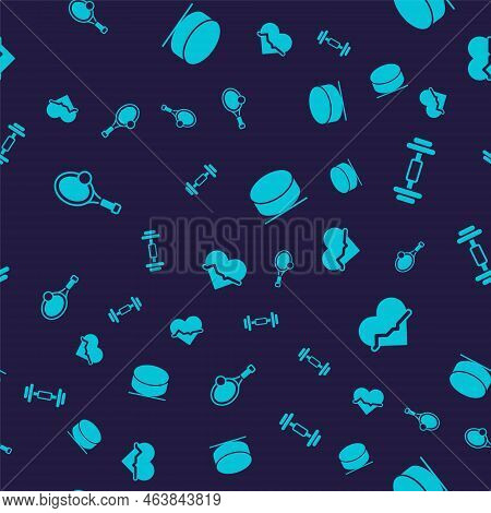 Set Tennis Racket With Ball, Dumbbell, Hockey Puck And Heart Rate On Seamless Pattern. Vector