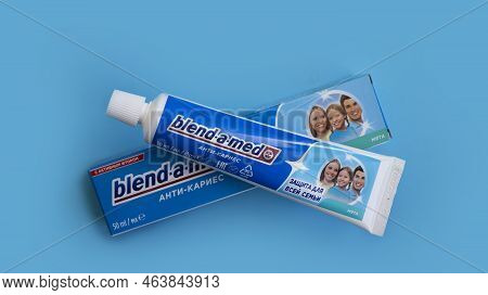 October 9, 2022 Ukraine City Kyiv Toothpaste Blend-a-med On A Colored Background