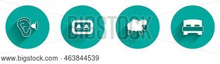 Set Earplugs And Ear, With Storage Box, Sheep And Big Bed Icon With Long Shadow. Vector