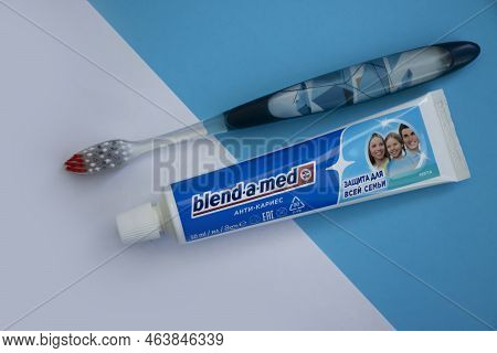 October 9, 2022 Ukraine City Kyiv Toothpaste Blend-a-med On A Colored Background
