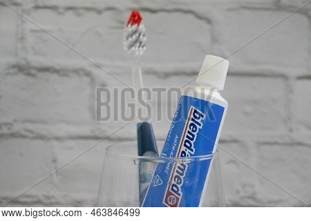 October 9, 2022 Ukraine City Kyiv Toothpaste Blend-a-med On A Colored Background