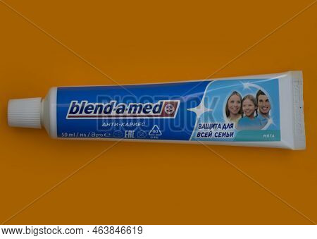 October 9, 2022 Ukraine City Kyiv Toothpaste Blend-a-med On A Colored Background