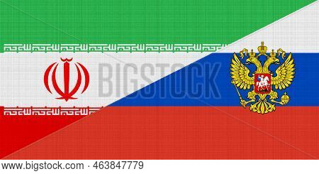 Flag Of Russia And Iran On A Textured Fabric. Concept Of Cooperation Between Two Countries