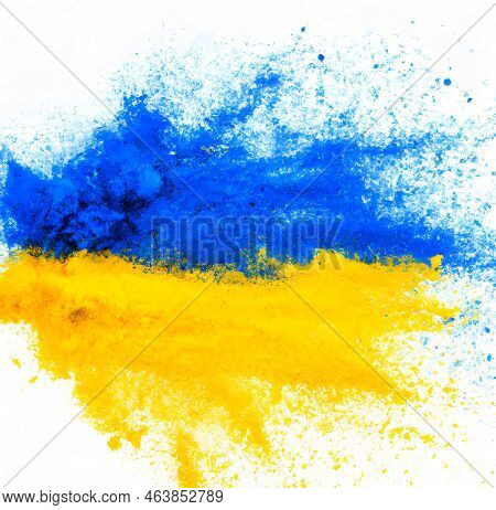 Illustration Of Colorful Ukrainan Flag Yellow Blue Color Holi Paint Powder Explosion Isolated On Whi