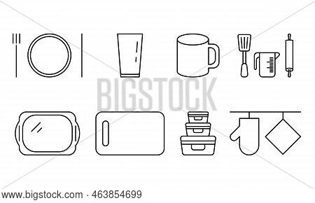 Kitchen Accessories Vector Black Icon. Eps 10..... Cutlery, Plate. Kitchen Tools. Glass, Mug, Tray..
