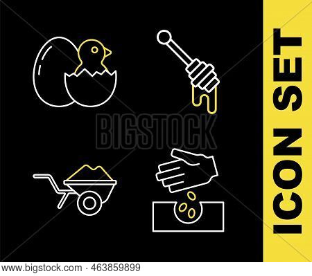 Set Line Honey Dipper Stick, Seeds, Wheelbarrow With Dirt And Little Chick In Cracked Egg Icon. Vect