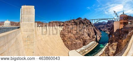 Panorama Of Mike O'callaghan-pat Tillman Memorial Bridge In Colorado River At Nevada And Arizona Bor