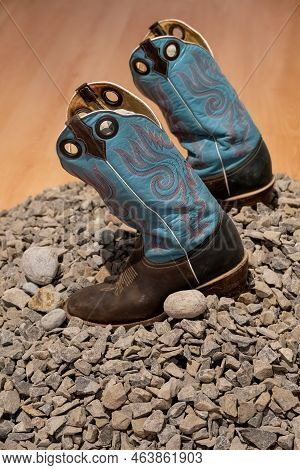 Trival And Traditional Blue Leather Boots From Mexico, On Stones, Mexico,