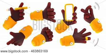 3d Illustration Set Of Hand Gestures Isolated On White Background. African Americal Character Holdin
