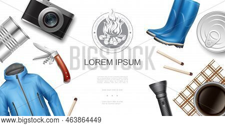 Realistic Outdoor Recreation Template With Camera Jacket Rubber Boots Canned Food Matches Flashlight