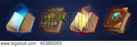 Magic Spell Books, Fantasy Alchemy Grimoires, Closed And Open Wizard Diary With Mysterious Glow And 
