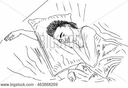 Young Woman Holding Pillow While Sleeping, Girl Hugging Pillow Continuous Outline Vector Illustratio